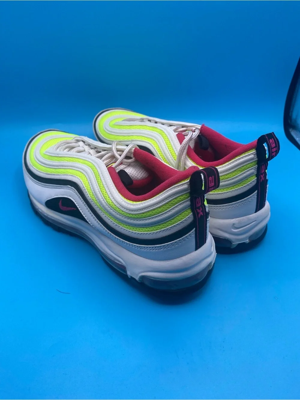 Nike Air Max 97 in Neon Yellow, White & Pink Accent - Picture 3 of 4